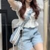 Korea Ins Queen Sleeve One Off Shoulder Top